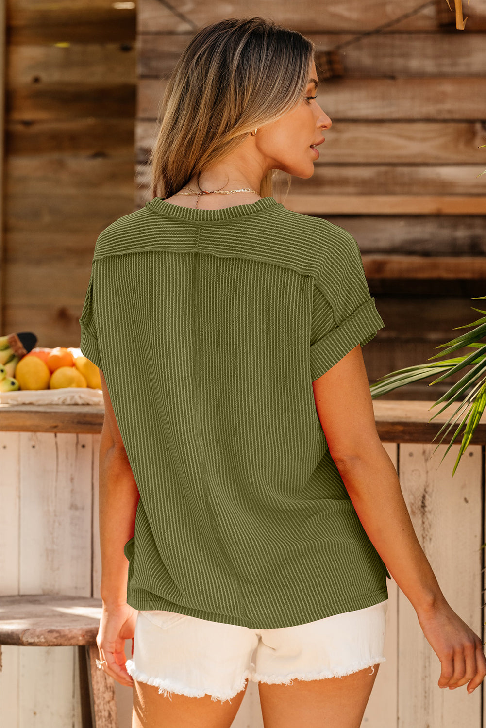 Medium Grey Textured Knit Exposed Stitching T-shirt