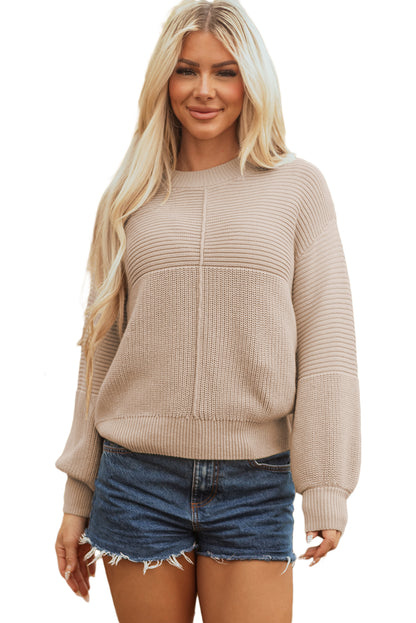 Parchment Mixed Texture Patchwork Knitted Puff Sleeve Sweater