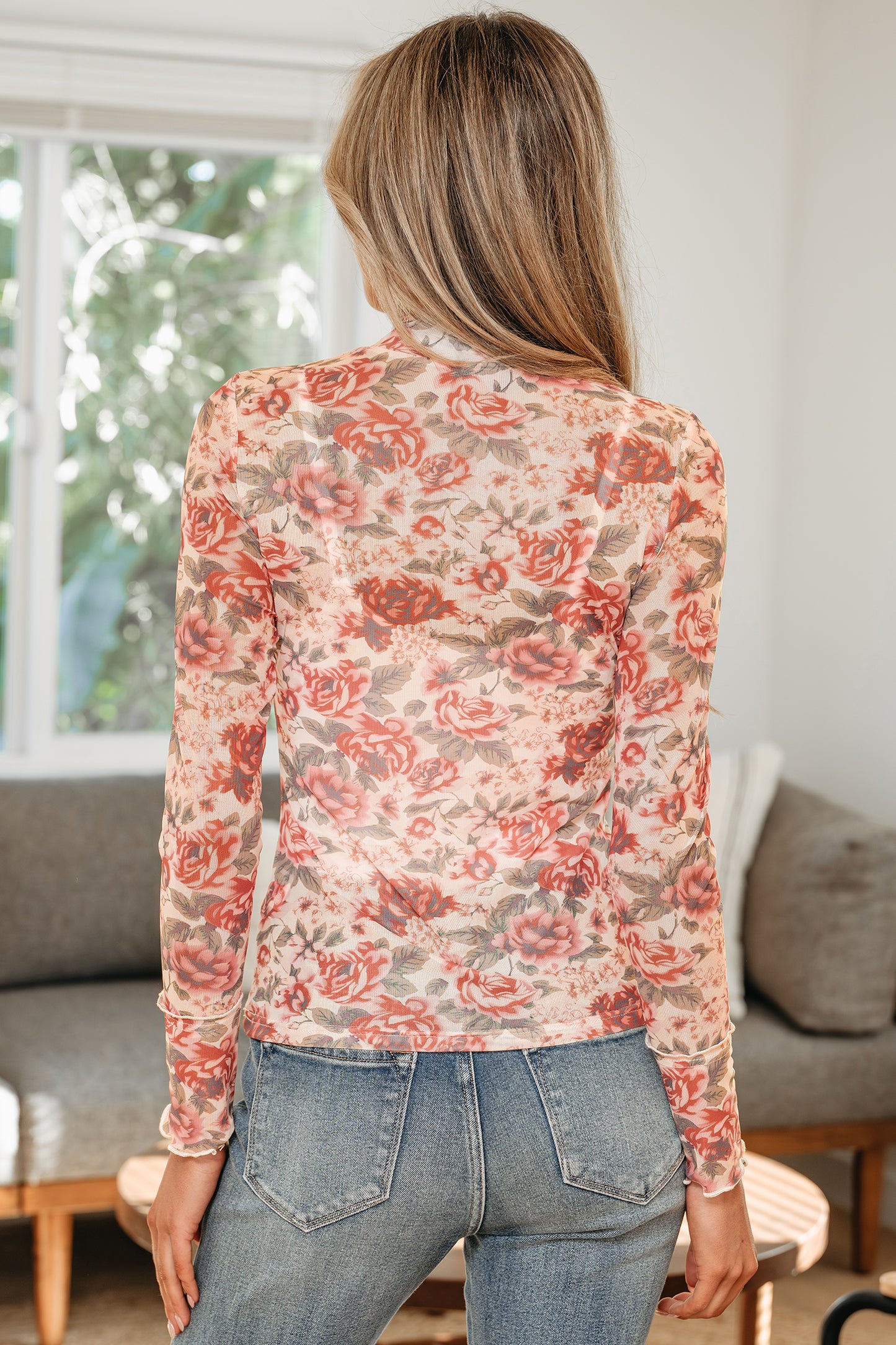 Black Retro Floral Print Mesh Long Sleeve Top
