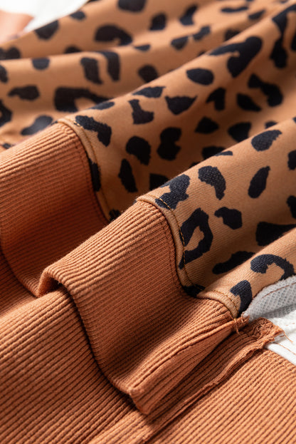 Khaki Stripe Color Block Patchwork Leopard Casual Sweatshirt with Slits