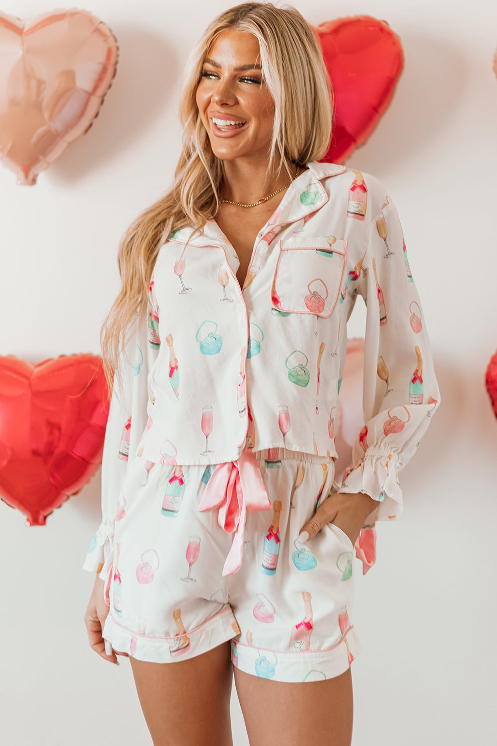 Color black Christmas Wine Glass Print Bow Knot Two Piece Pajama Set