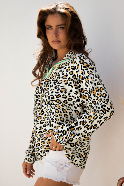 Khaki Leopard Print Contrast Striped V Neck Blouse
