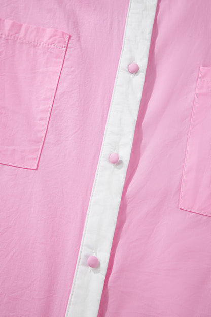 Pink Hollow-out Floral Contrast Patchwork Short Sleeve Button Up Shirt
