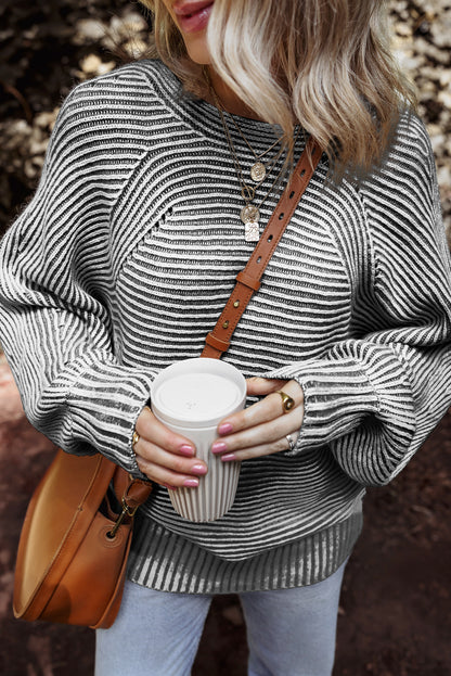 Red Dahlia Striped Print Ribbed Knit Boat Neck Baggy Sweater