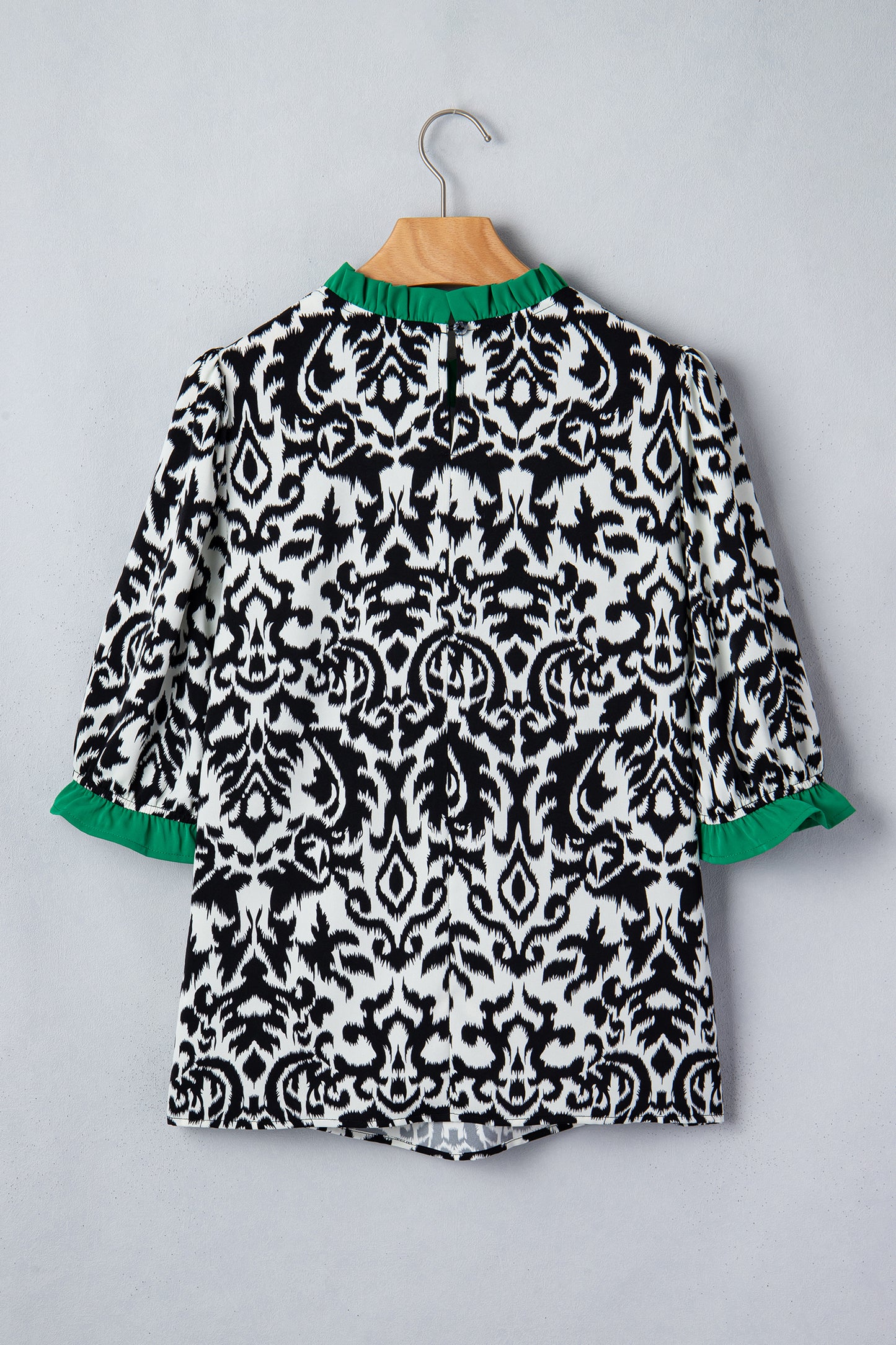 Green Damask Print Ruffled Color Block Detail Half Sleeve Blouse