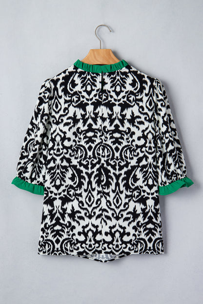 Green Damask Print Ruffled Color Block Detail Half Sleeve Blouse