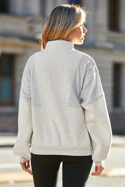 Apricot Half Zip Stand Collar Exposed Seam Solid Color Casual Sweatshirt