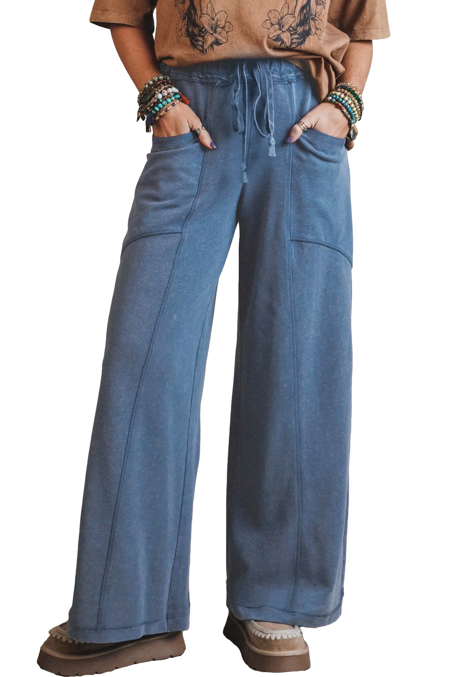 Smoke Gray Mineral Wash Drawstring Retro High Waist Wide Leg Western Pants
