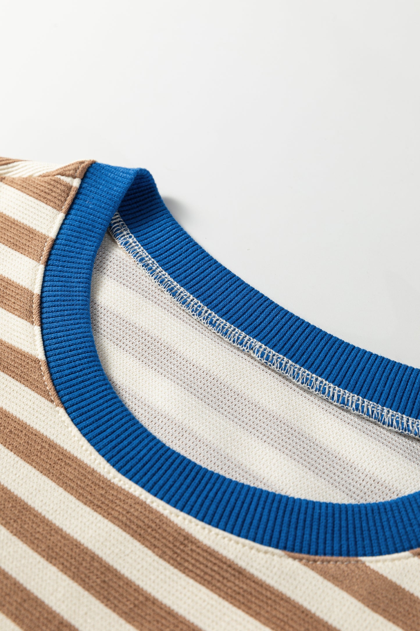 Brown Stripe Short Puff Sleeve Contrast Trim Round Neck Tee
