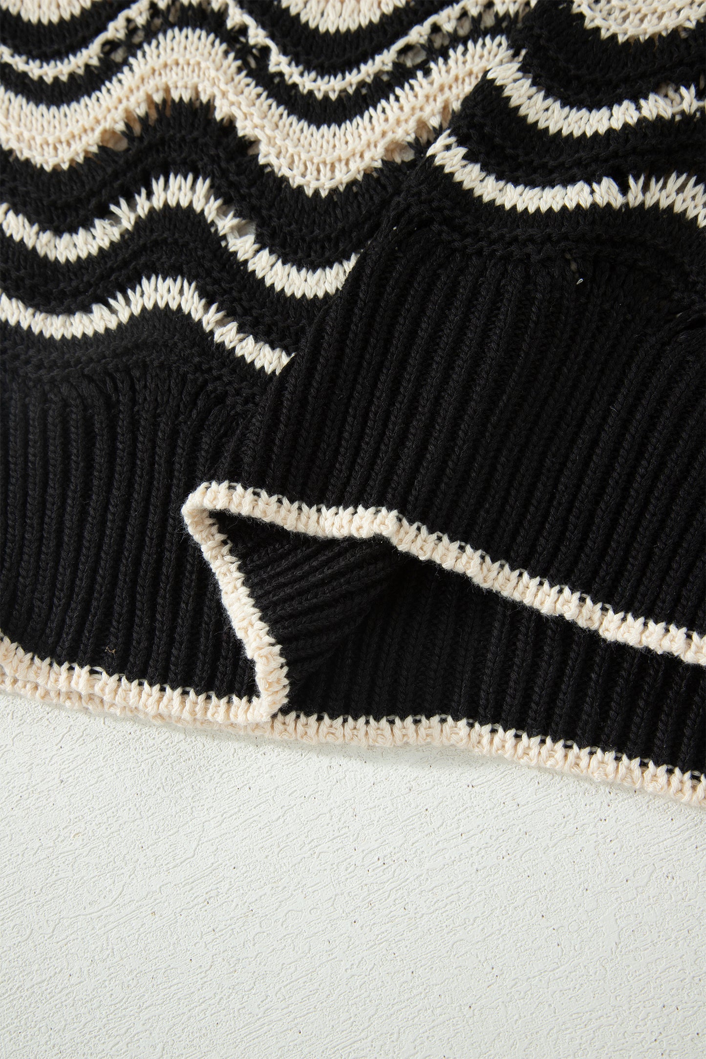 Beige Stripe Wavy Crochet Eyelet Detail Ruffle Half Sleeve Sweater