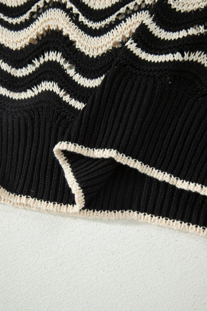 Beige Stripe Wavy Crochet Eyelet Detail Ruffle Half Sleeve Sweater
