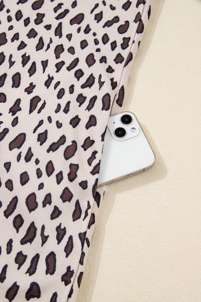Khaki Leopard Print Zip up Collar Patchwork Shift Mini Dress