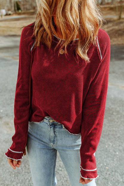 Gray Textured Round Neck Long Sleeve Top