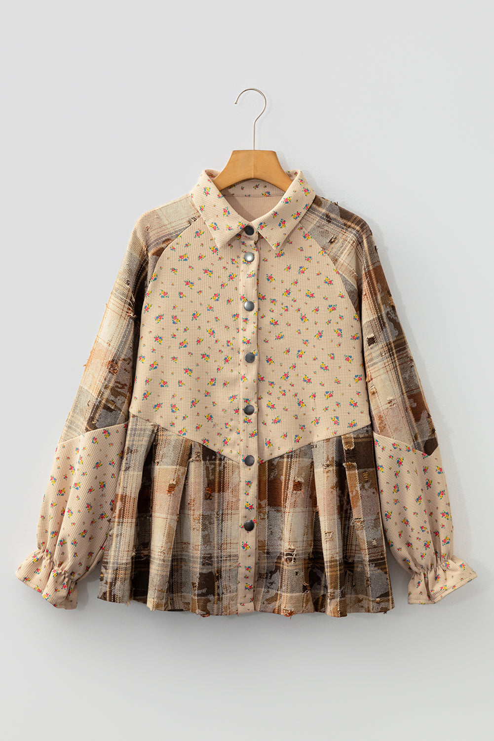 Ashleigh Blue Boho Floral Plaid Patchwork Distressed Detail Ruffled Sleeve Waffle Knit Shacket