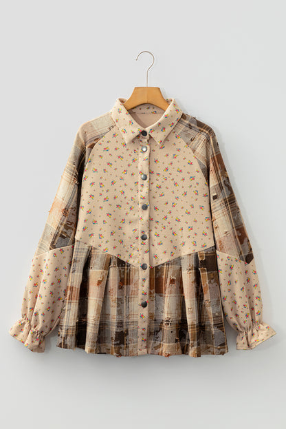 Ashleigh Blue Boho Floral Plaid Patchwork Distressed Detail Ruffled Sleeve Waffle Knit Shacket
