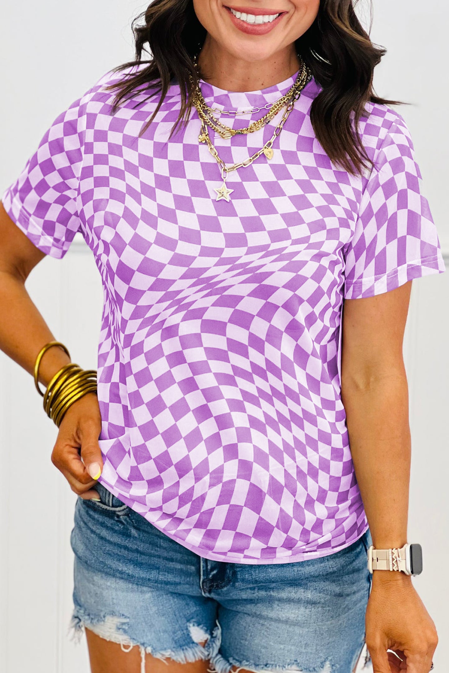 Khaki Checkered Print Mock Neck Mesh T Shirt