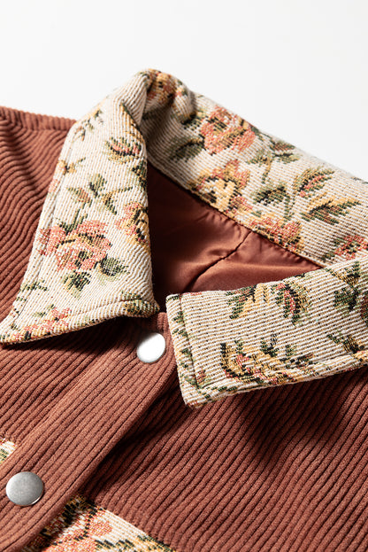 Clay Ribbed Retro Floral Patchwork Shirt Style Jacket