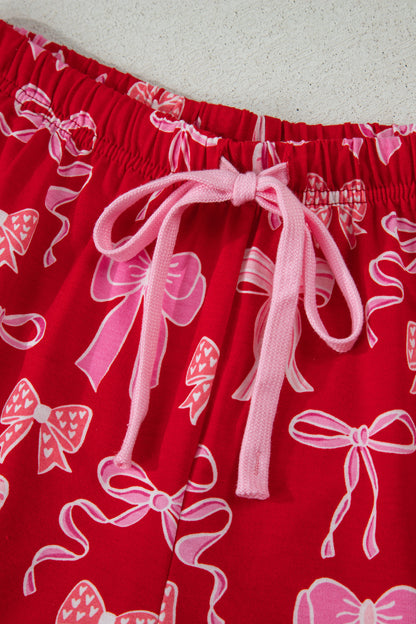 Red Sweet Bow Print Ruffled Short Sleeve Shirt Shorts 2pcs Pajama Set