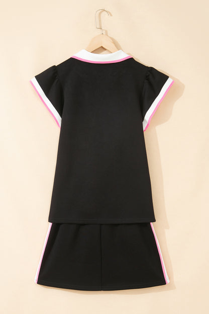 Sky Blue Preppy Striped Trim V Neck Polo Tee Drawstring Skirt Set