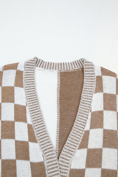 Black Plus Size Checkered Bubble Sleeve Drop Shoulder Open Cardigan