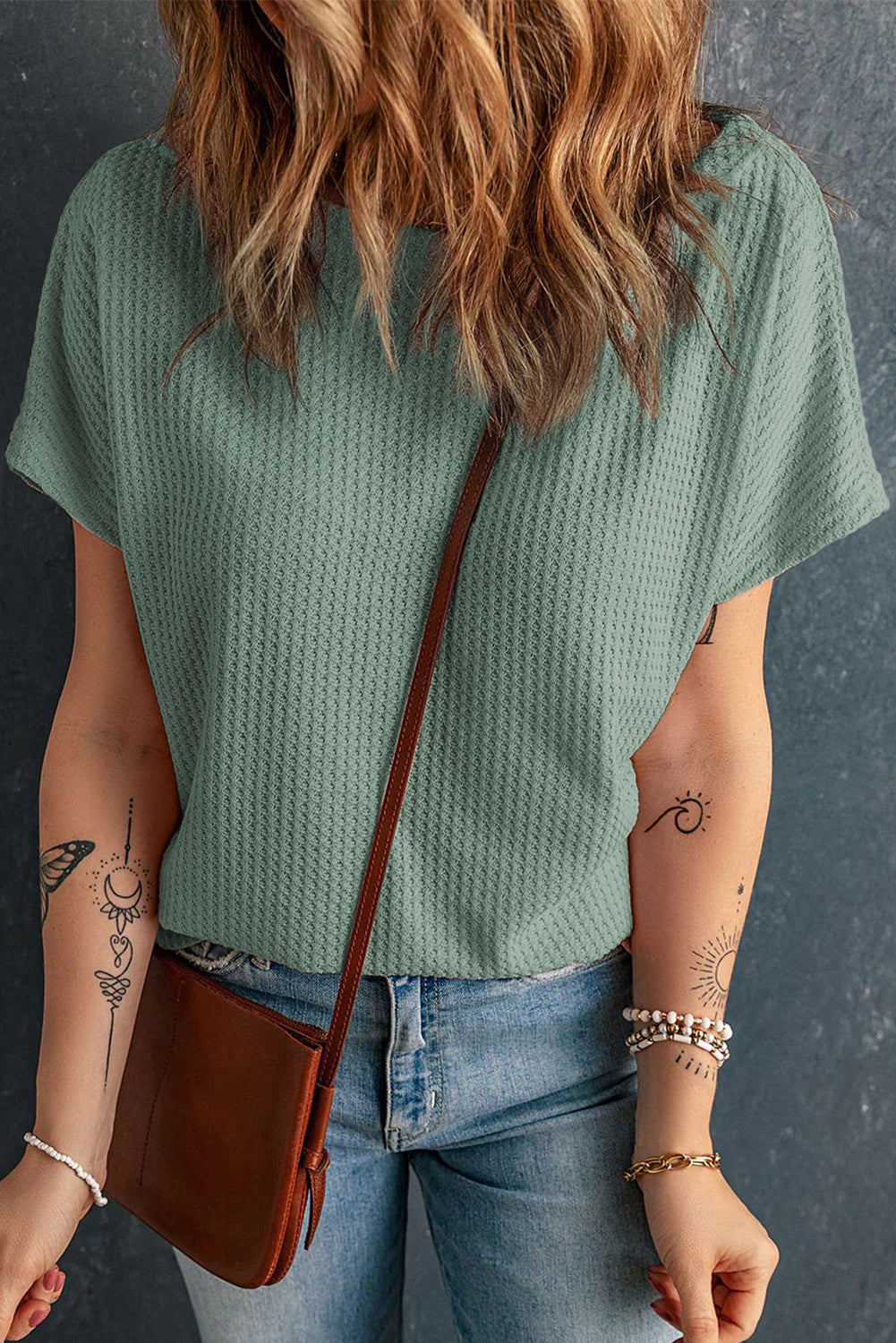 Black Waffle Knit Boat Neck Short Sleeve Top