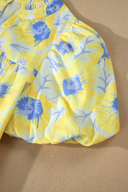 Pink Short Bubble Sleeve Summer Floral Blouse