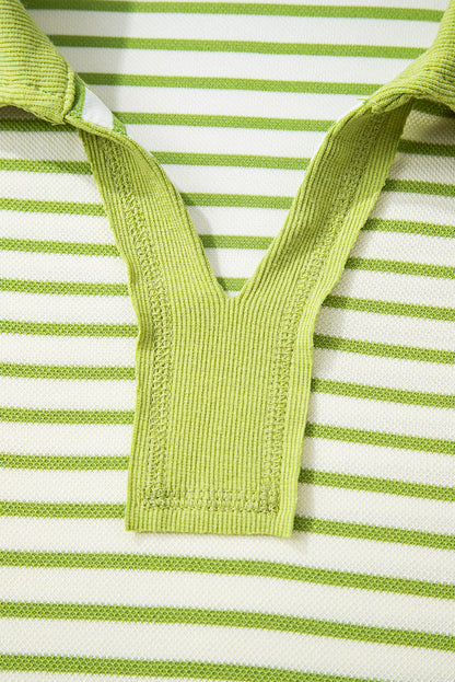 Pink Stripe Collared V Neck Drop Shoulder Pullover and Skort 2pcs Outfit