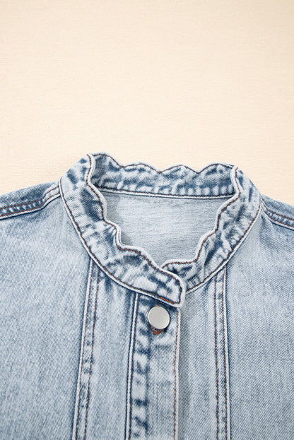 Beau Blue Scalloped Trim Patch Pocket Button Front Denim Vest