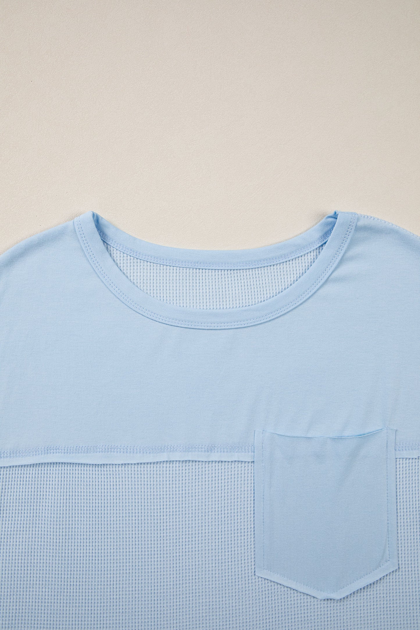 Pink Solid Color Raw Seam Waffled Patchwork Casual T Shirt