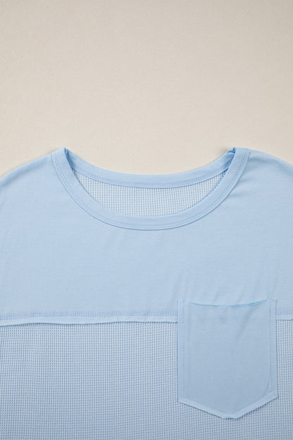 Pink Solid Color Raw Seam Waffled Patchwork Casual T Shirt