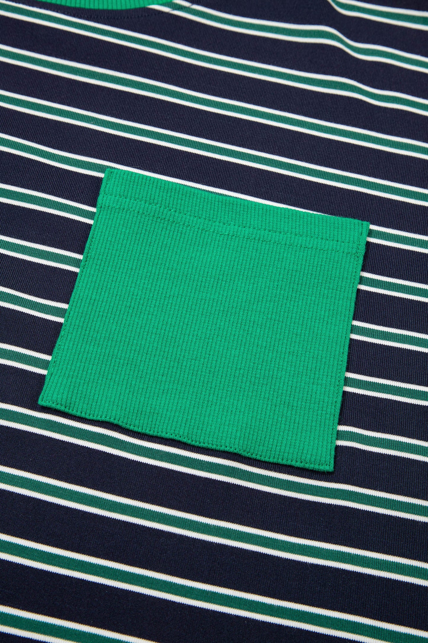Green Stripe Ribbed Color Block Patchwork Crew Neck Patch Pocket Long Sleeve Top