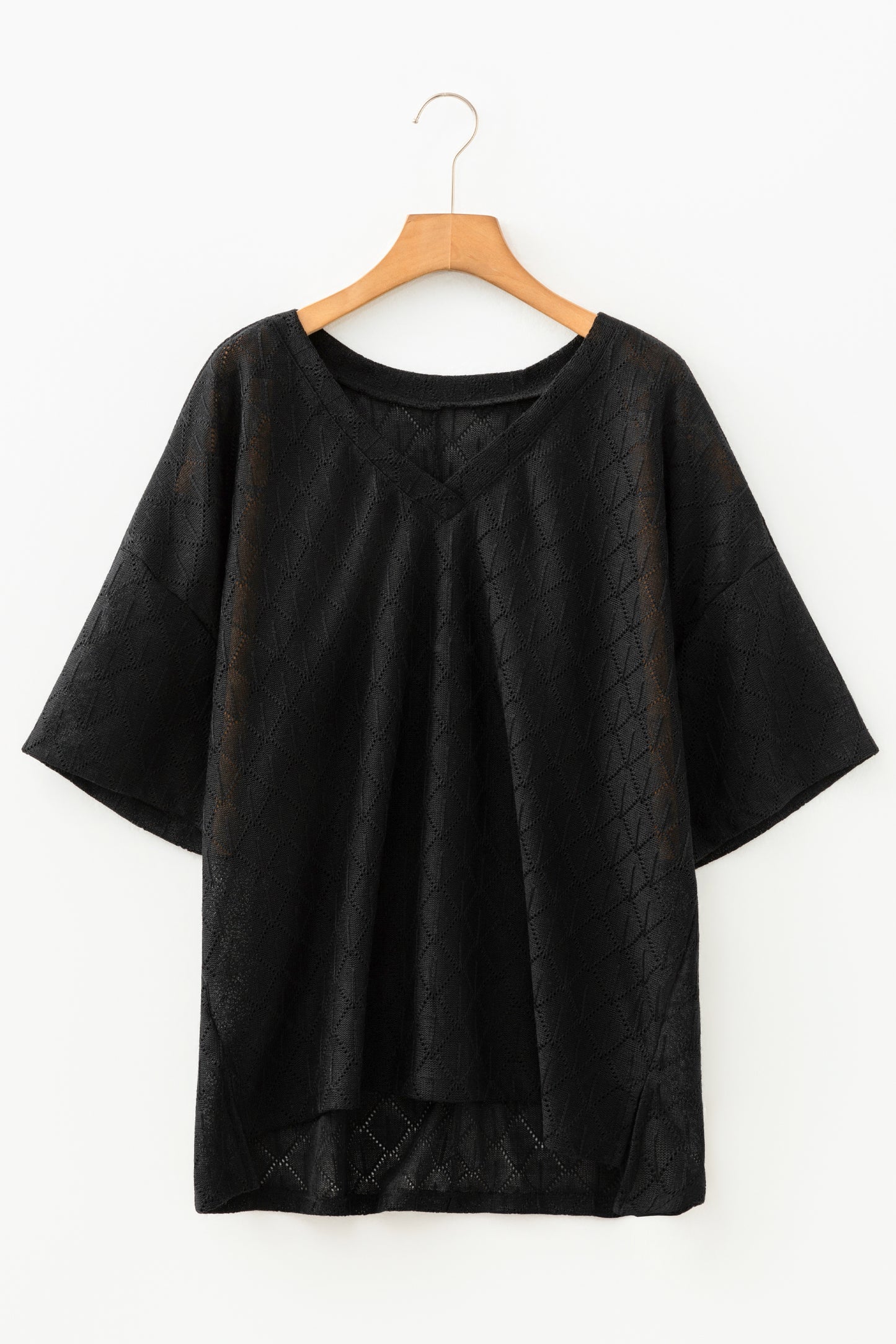 Sky Blue Pointelle Rhombus Knit Plus Size V Neck Loose Top