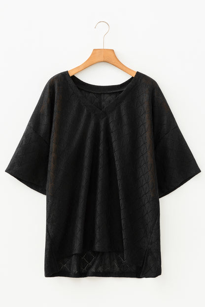 Sky Blue Pointelle Rhombus Knit Plus Size V Neck Loose Top