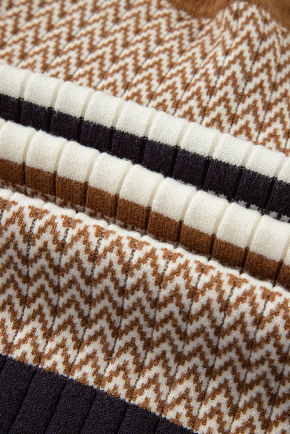 Brown Stripe Stylish Pattern Knitted Ribbed Trim Slim Sweater