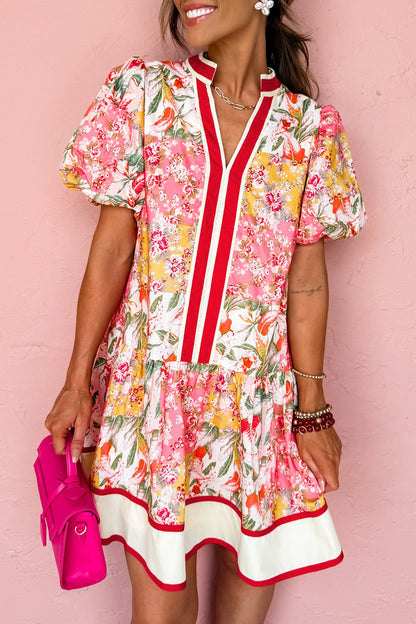 Pink Color Block Floral Print Contrast Trim V Neck Ruffle Hem Mini Dress
