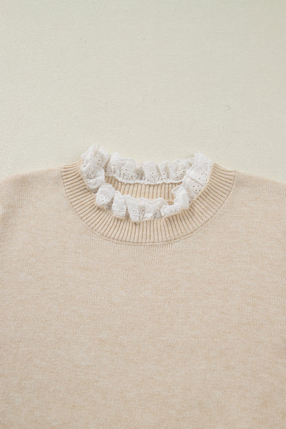 Jet Stream Lace Trim Patchwork Buttoned Cuffs Loose Sweater