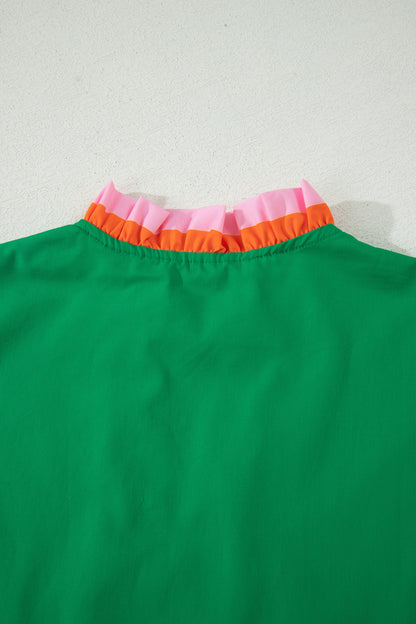 Green Striped Frilled Collar Ruffled Short Sleeve Blouse