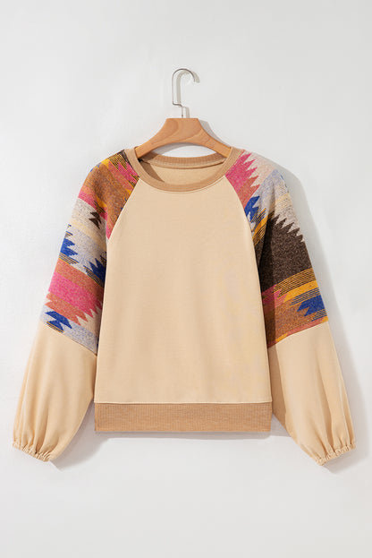 Light French Beige Aztec Patchwork Raglan Pullover Sweatshirt