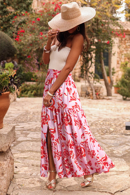 Sky Blue Bohemian Floral Print Tiered Maxi Skirt with Split