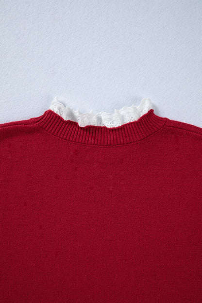 Sleet Lace Trim Patchwork Buttoned Cuffs Loose Sweater