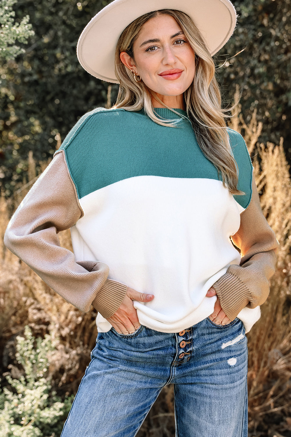 Khaki Color Block Plain Ribbed Knit Baggy Sweater