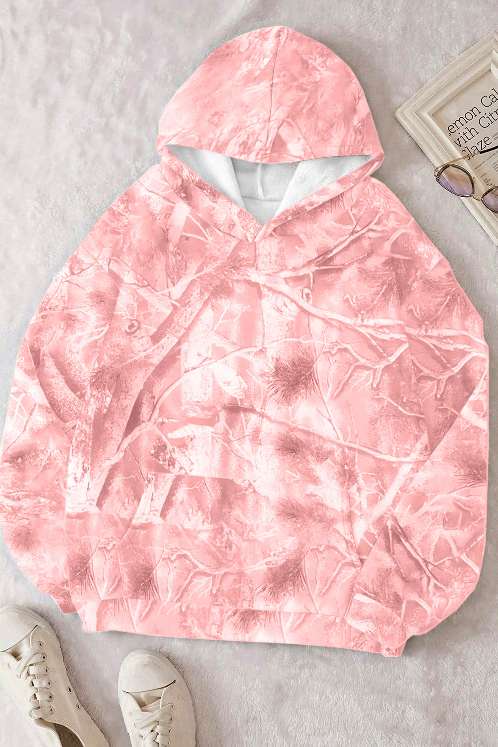 Beige Camouflage Woodland Print Oversized Sporty Hoodie