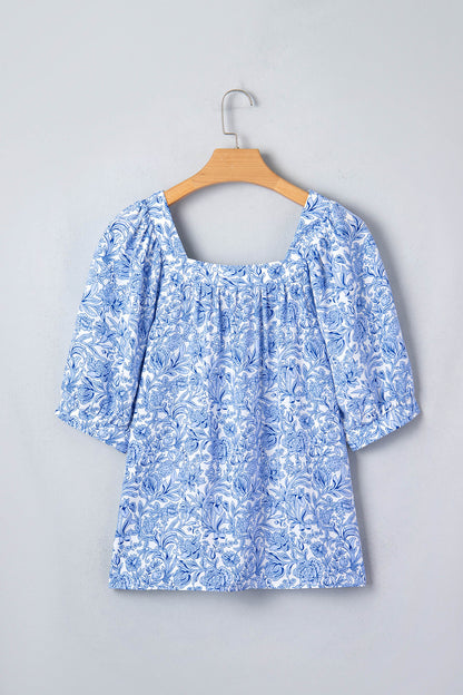 Sky Blue Square Neck Short Puff Sleeve Pleated Floral Blouse