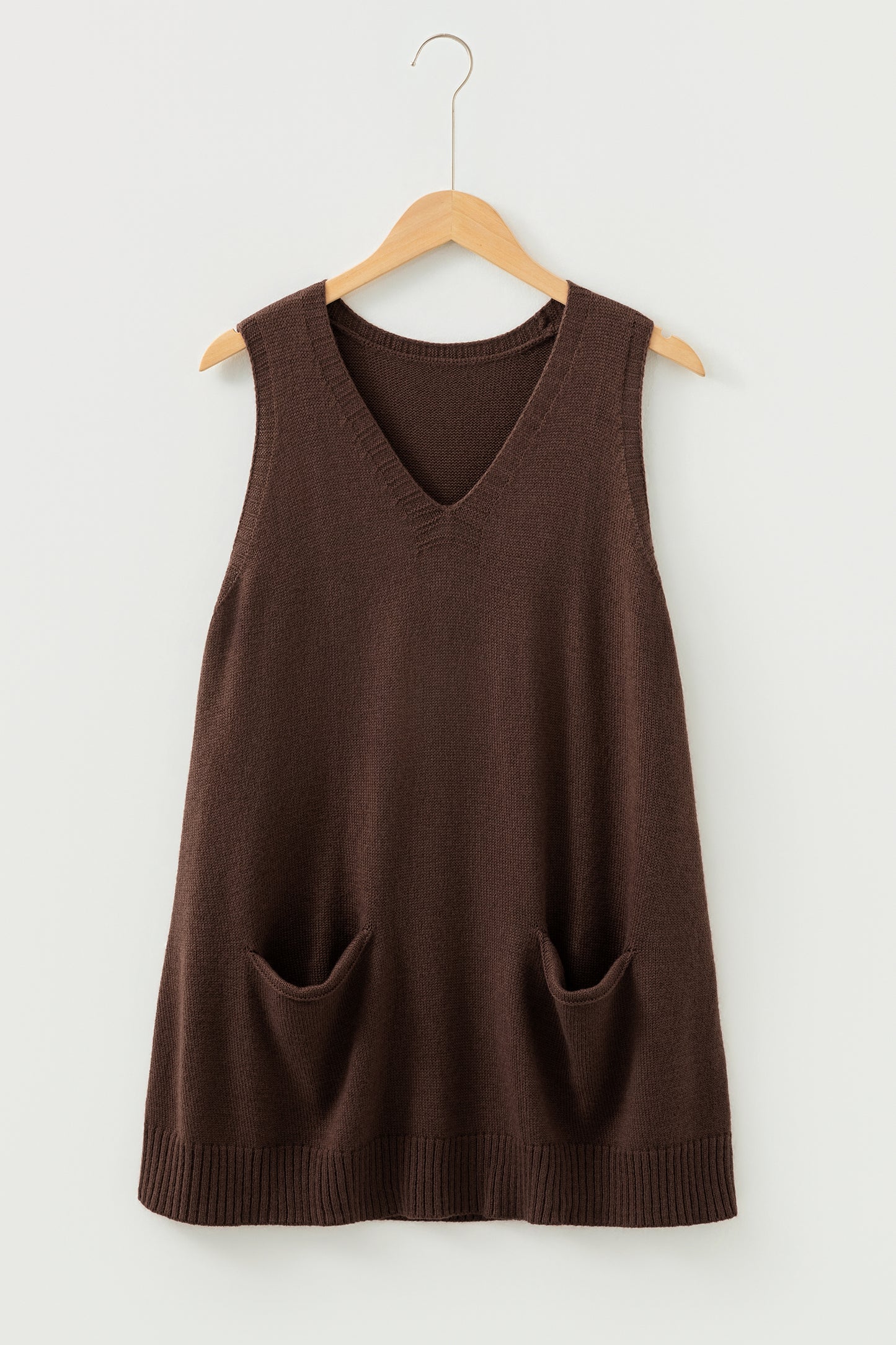 Delicacy Ribbed Deep V Neckline Front Pocketed Loose Tunic Sweater Vest
