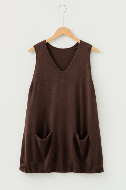Delicacy Ribbed Deep V Neckline Front Pocketed Loose Tunic Sweater Vest