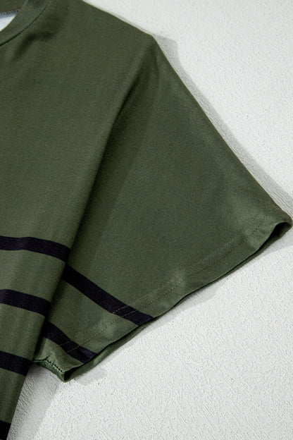 Four Leaf Clover Striped Half Buttons Crew Neck T-Shirt