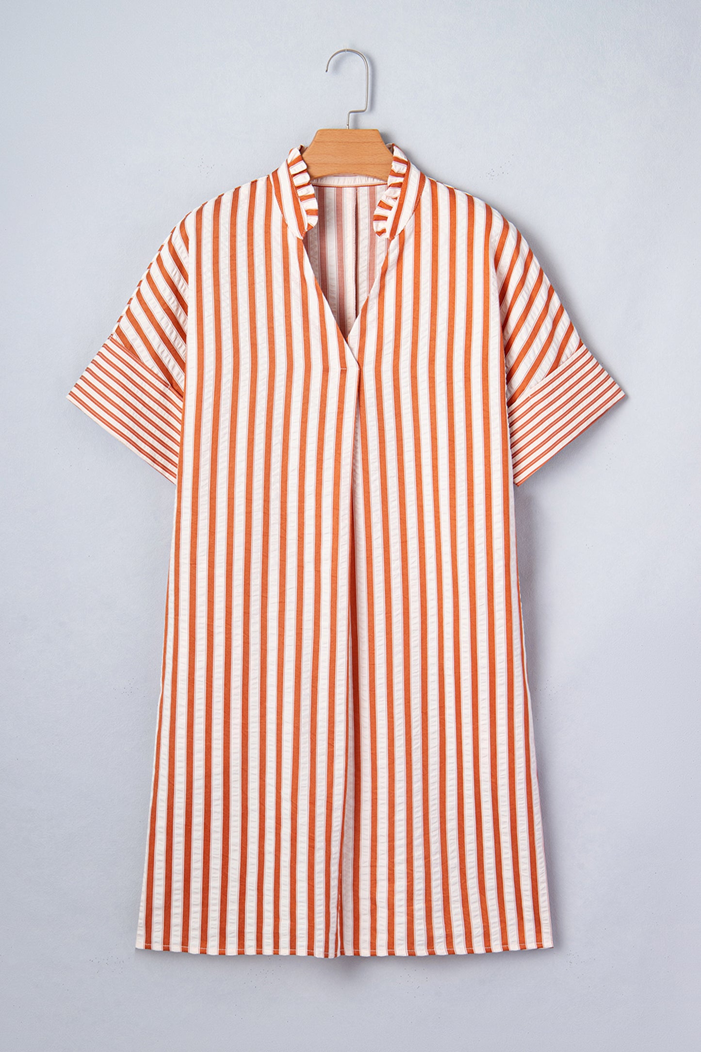 Brown Stripe Pinched V Neck Turn-up Cuffs Shift Mini Dress
