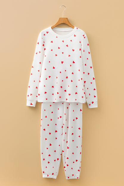 Fiery Red Tiny Hearts Printed Long Sleeve Top Drawstring Lounge Pant Set
