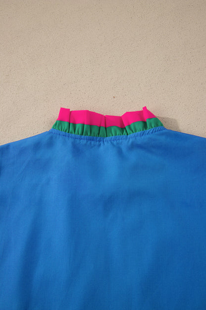 Green Striped Frilled Collar Ruffled Short Sleeve Blouse