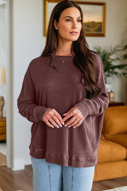 Mist Green Waffle Knit Patchwork Long Sleeve Loose Top
